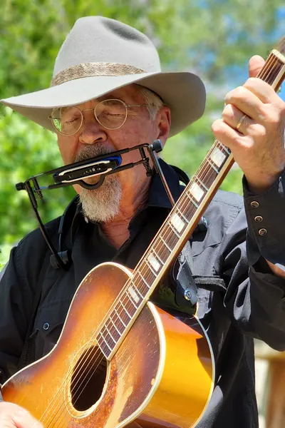 Guitar and harmonica rack, mid-song