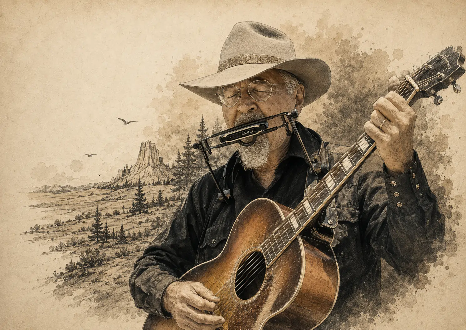 Rich Cloud playing guitar and harmonica